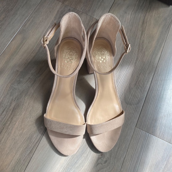 Beige Suede Block Heel Sandal 7.5 - Picture 1 of 12